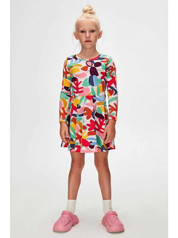 Lovetti Kız Çocuk Cutouts Foliage Desen Uzun Kol Elbise
