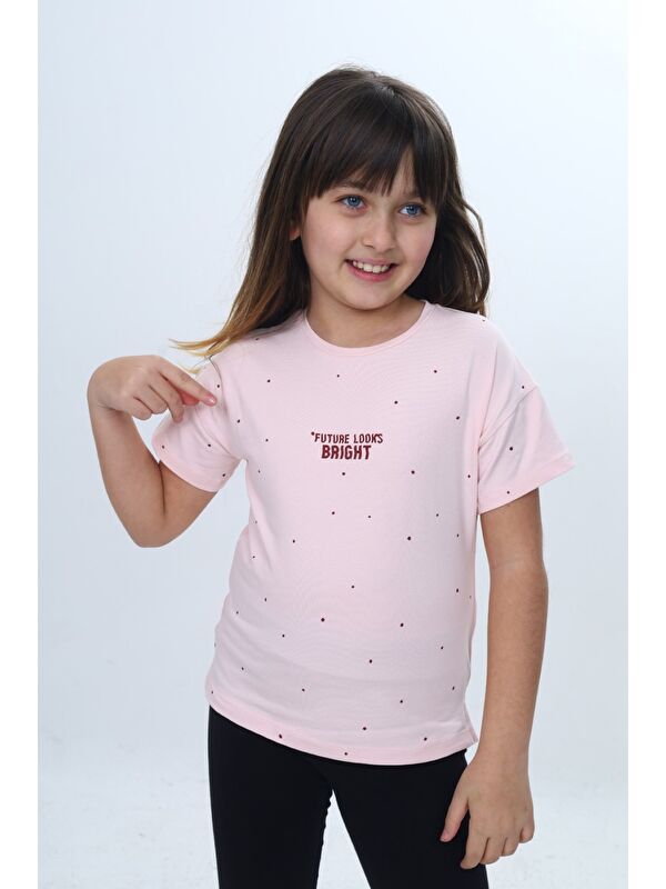 Toontoykids Kız Çocuk Bisiklet Yaka Düşük Omuz Kısa Kollu Baskılı Tişört 24983