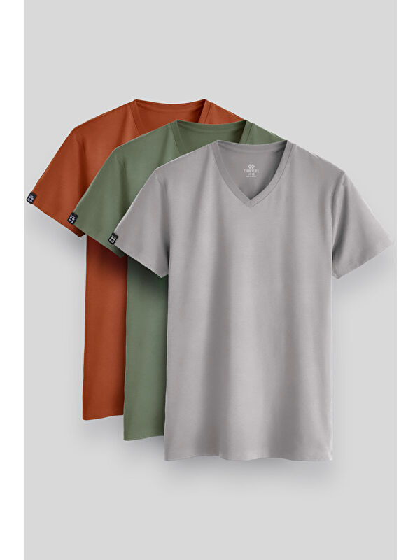Tommylife Standart Fit Basic V Yaka 3lü Paket Taş-Tarçın-Kaktüs Erkek T-Shirt - 87912