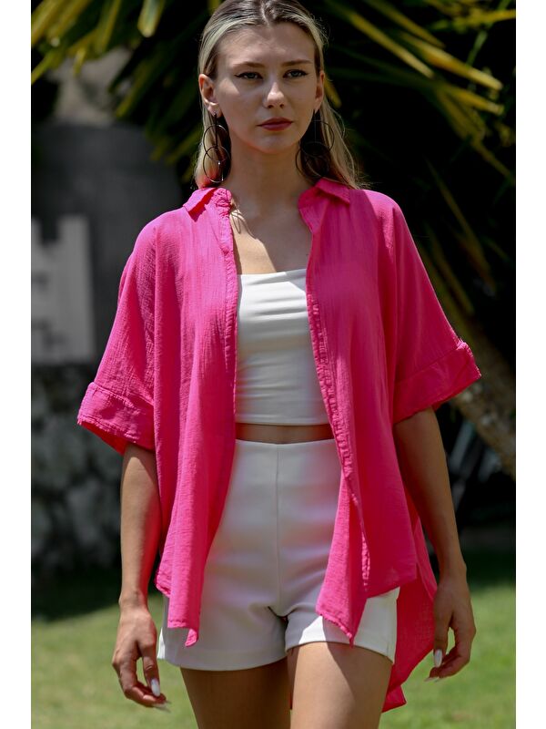 Chiccy Pembe Gömlek Yaka Kısa Kol Kapamasız Yıkamalı Dokuma Casual Pamuk Ceket