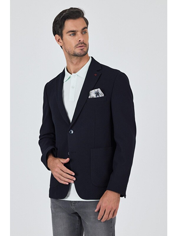 İMZA Koyu Lacivert Mono Yaka Düz 2 Düğme Casual Esnek  Blazer Ceket 1002250123