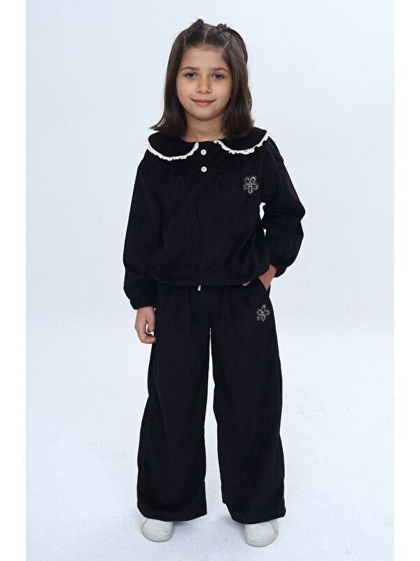 Toontoykids Kız Çocuk 2'li Takım Yakası Güpürlü Nakışlı Sweatshirt & Beli Lastikli Bol Paça Eşofman Altı - Düğüm