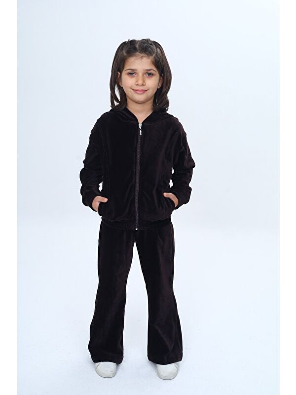 Toontoykids Kız Çocuk 2'li Takım Kapüşonlu Fermuarlı Cepli Sweatshirt & Beli Lastikli Bol Paça Eşofman Altı - Ka