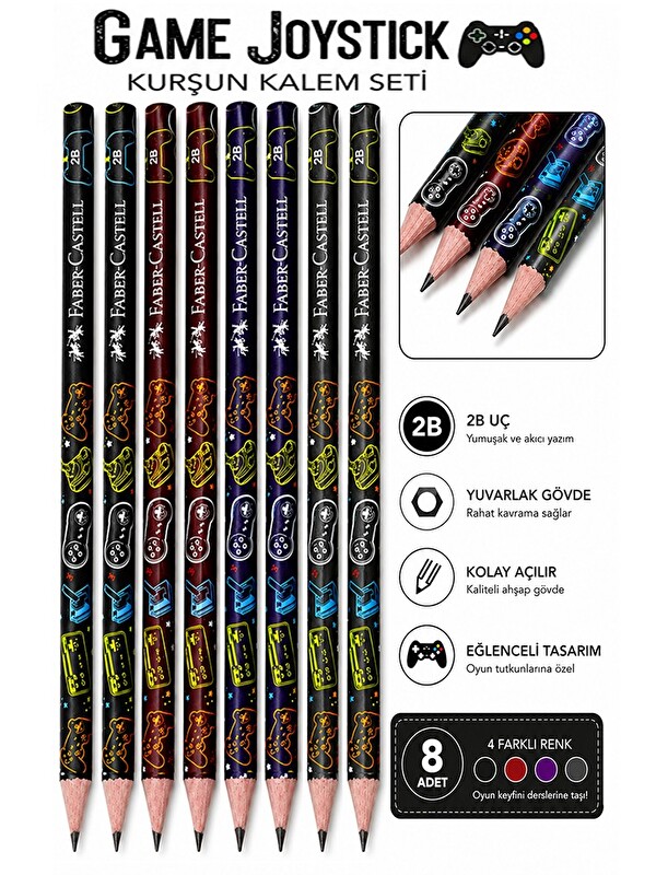 Faber-Castell Game Joystick Kurşun Kalem 8 Adet Faber Castell Yuvarlak Gövdeli Siyah Kurşun Kalem Yumuşak Yazım Ko