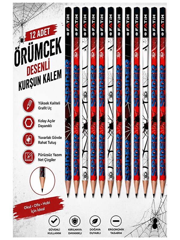 Fatih Örümcek Kurşun Kalem 12 Adet Yuvarlak Gövdeli Siyah Kurşun Kalem 2b Yumuşak Yazım Kolay Tutuş