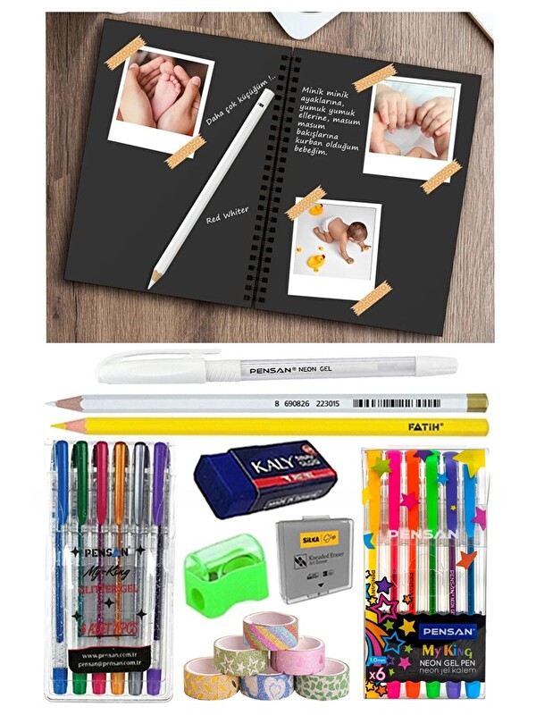 Artlantis Telli Siyah Defter A5 40 Yaprak Eskiz Fotoğraf Albümü Simli Neon Kalem Simli Bant Sarı Beyaz Kurşun