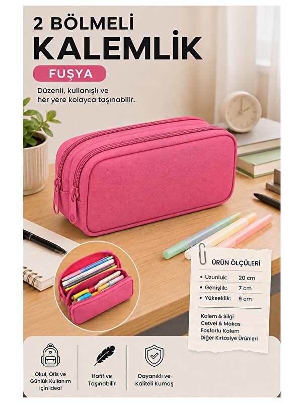 artmaster Pembe Bez Kalemlik 1 Adet Stilo KL22 İki Bölmeli Fermuarlı Bez Kalemlik Kırtasiye Çocuk Okul Kalem M