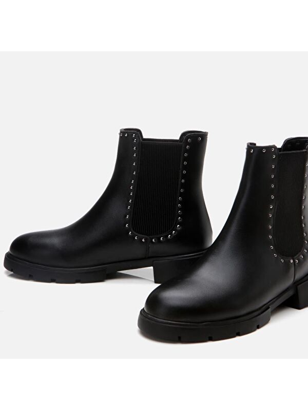 Siyah Kadın Zımbalı Düz Bot - Görsel 5