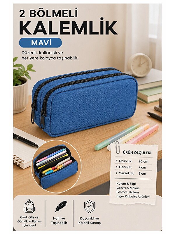 artmaster Mavi Bez Kalemlik 1 Adet Stilo KL22 İki Bölmeli Fermuarlı Bez Kalemlik Kırtasiye Çocuk Okul Kalem Ma