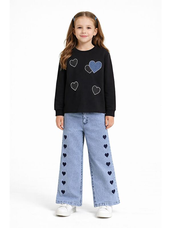 Cansın Mini Siyah Kalp Desenli Badili Jean Pantolonlu Kız Çocuk 2li Takım 23743