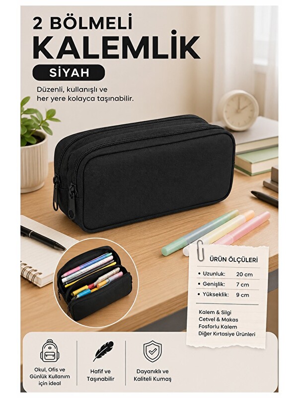 artmaster Siyah Bez Kalemlik 1 Adet Stilo KL22 İki Bölmeli Fermuarlı Bez Kalemlik Kırtasiye Çocuk Okul Kalem M