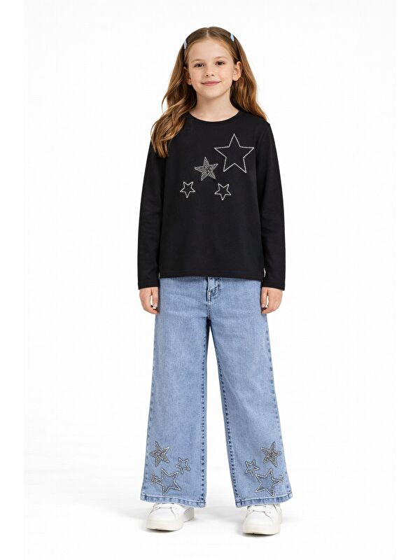 Cansın Mini Siyah Yıldız İşlemeli Badili Jean Pantolonlu Kız Çocuk 2li Takım 23741