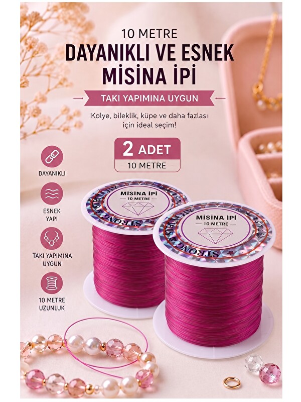 artmaster Fuşya Misina İpi 0.5mm 10 Metre 2 Adet Esnek Boncuk Takı Dizme İpi Elastik İp Bileklik Aksesuar Last