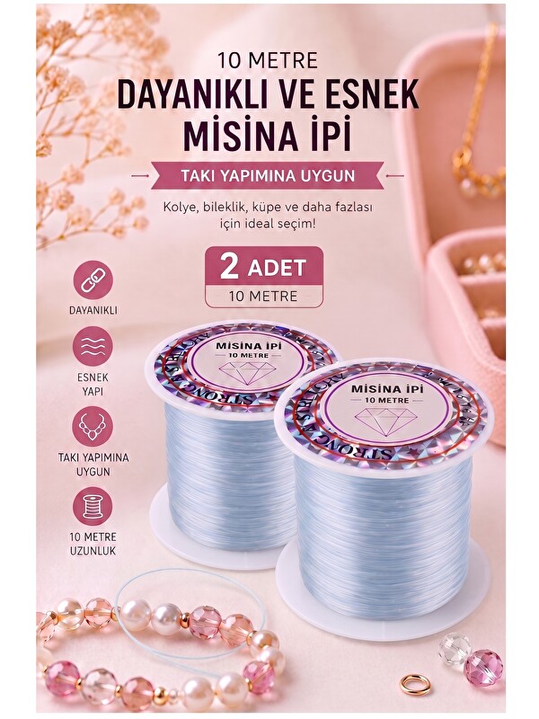 artmaster Gri Misina İpi 0.5mm 10 Metre 2 Adet Esnek Boncuk Takı Dizme İpi Elastik İp Bileklik Aksesuar Lastiğ