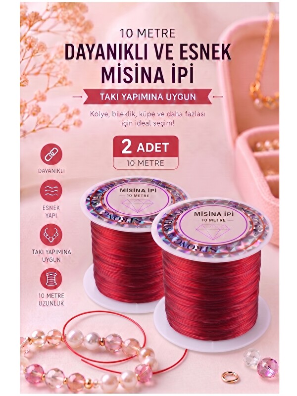 artmaster Kırmızı Misina İpi 0.5mm 10 Metre 2 Adet Esnek Boncuk Takı Dizme İpi Elastik İp Bileklik Aksesuar La
