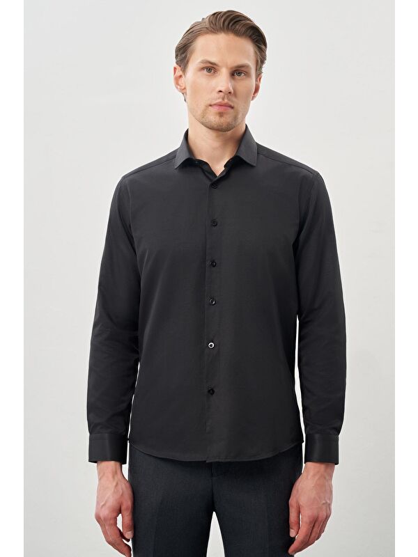 İMZA Siyah Uzun Kol Düz Bez Ayağı Yarım İtalyan Yaka Cepsiz Pamuklu Classic Slim Fit Gömlek 1004245268