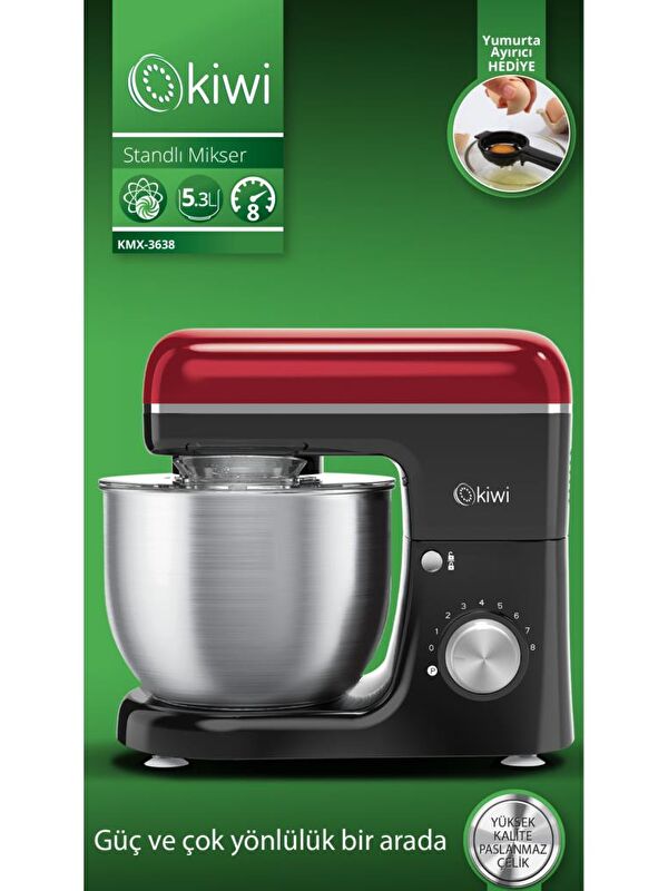 Kiwi Kmx-3638 Hamur Yoğurma & Stand Mikser 5,3 Lt 1300w 8 Hız Kademeli Mutfak Şefi Kırmızı