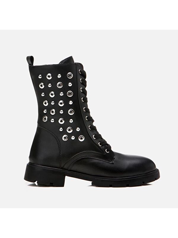 Siyah Kadın Zımbalı Düz Bot - Görsel 2