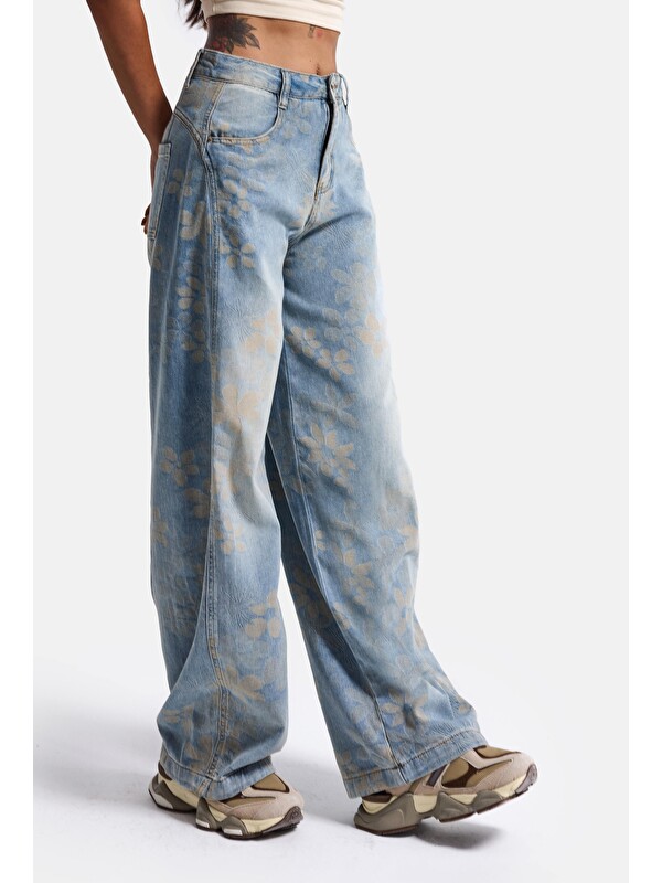 It's Basic Kadın Mavi Baggy Fit T11T Özel Desenli Kumaş Tasarım Denim Jean