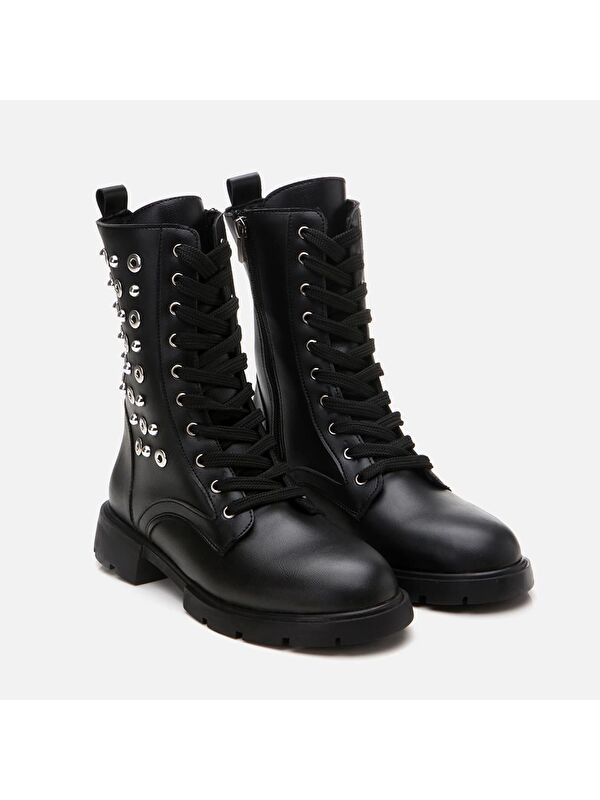 Siyah Kadın Zımbalı Düz Bot - Görsel 3