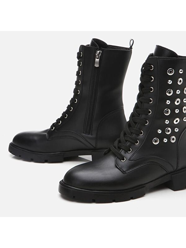 Siyah Kadın Zımbalı Düz Bot - Görsel 4