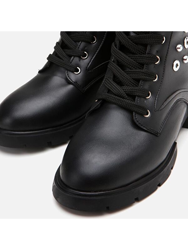 Siyah Kadın Zımbalı Düz Bot - Görsel 5