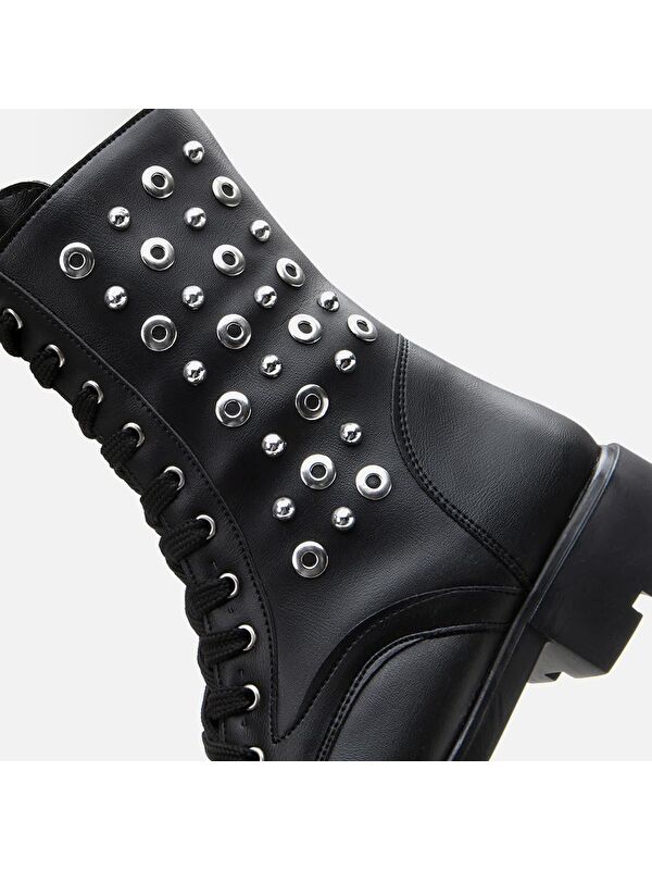 Siyah Kadın Zımbalı Düz Bot - Görsel 6