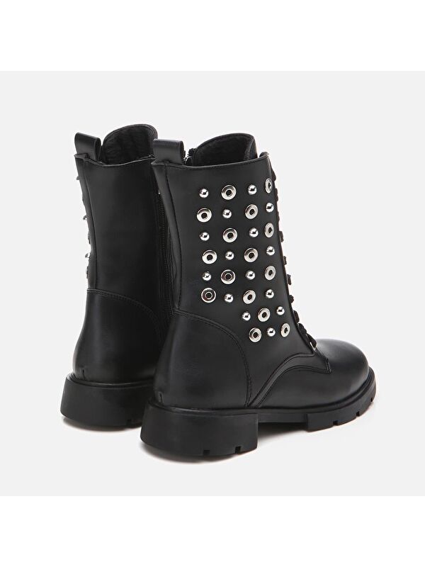 Siyah Kadın Zımbalı Düz Bot - Görsel 7