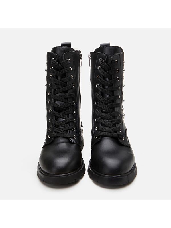 Siyah Kadın Zımbalı Düz Bot - Görsel 9