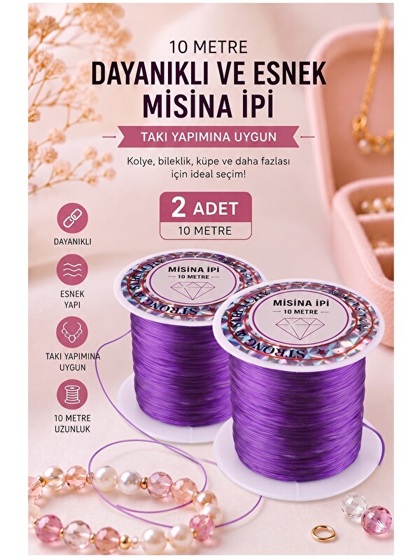 artmaster Mor Misina İpi 0.5mm 10 Metre 2 Adet Esnek Boncuk Takı Dizme İpi Elastik İp Bileklik Aksesuar Lastiğ