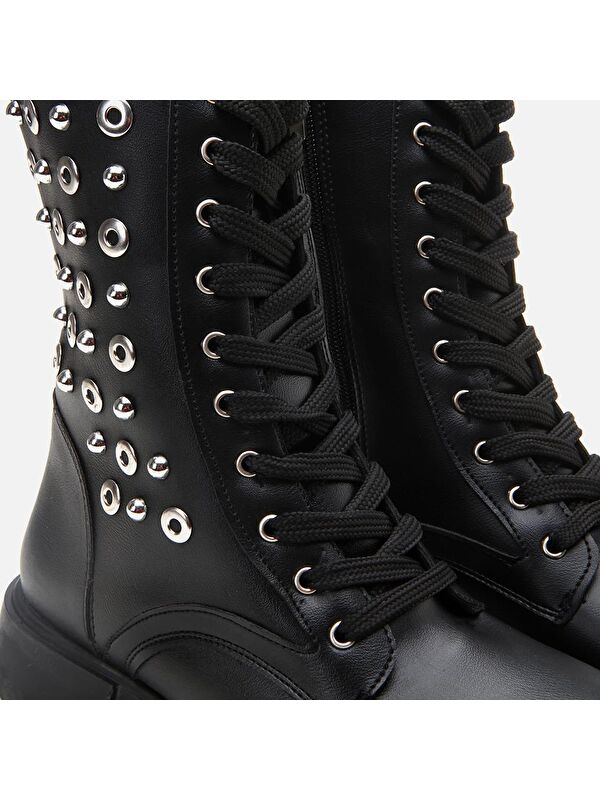 Siyah Kadın Zımbalı Düz Bot - Görsel 11