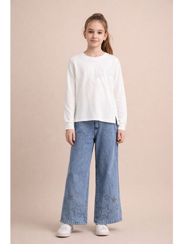 Cansın Mini Ekru Yıldız İşlemeli Badili Jean Pantolonlu Kız Çocuk 2li Takım 23742