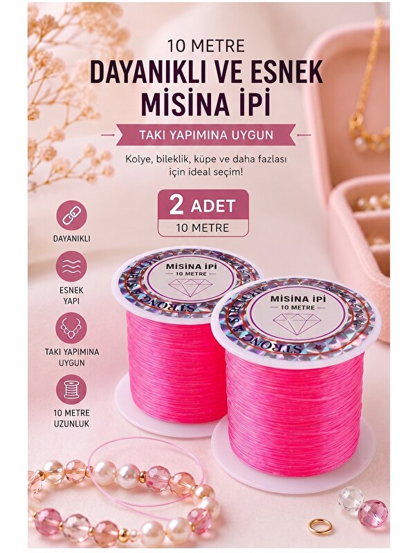 artmaster Pembe Misina İpi 0.5mm 10 Metre 2 Adet Esnek Boncuk Takı Dizme İpi Elastik İp Bileklik Aksesuar Last