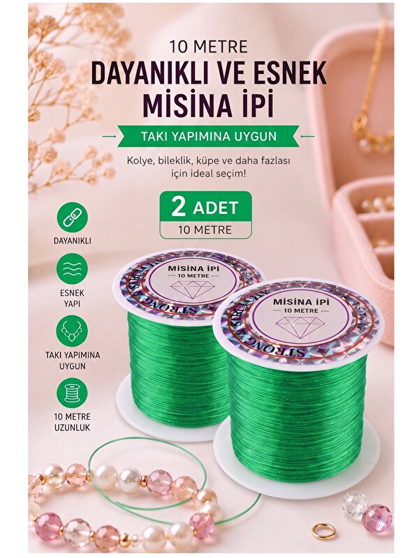 artmaster Yeşil Misina İpi 0.5mm 10 Metre 2 Adet Esnek Boncuk Takı Dizme İpi Elastik İp Bileklik Aksesuar Last