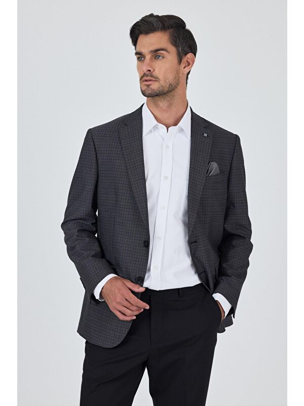 İMZA Koyu Antrasit Mono Yaka Bez Ayağı Tam Astar Esnek 4 Drop Comfort Fit Classic Ceket 1002250157