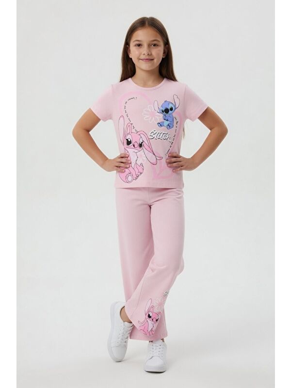 Cansın Mini Pudra Kalpli Karakter Baskılı Geniş Paça Pantolonlu Kız Çocuk 2li Takım 23810