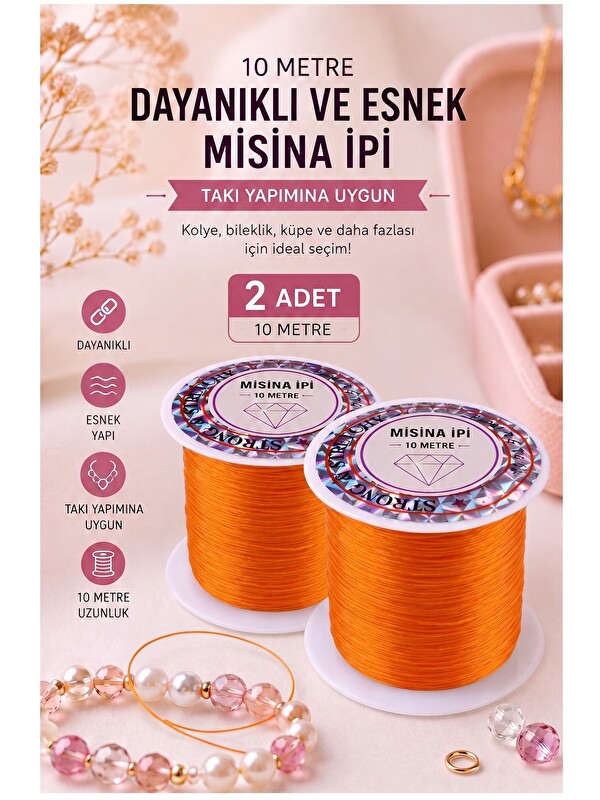 artmaster Turuncu Misina İpi 0.5mm 10 Metre 2 Adet Esnek Boncuk Takı Dizme İpi Elastik İp Bileklik Aksesuar La