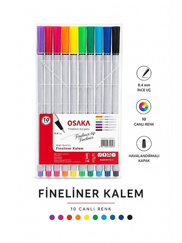 artmaster Fineliner Kalem 10 Renk 0.4mm 1 Paket Osaka İnce Keçe Uçlu 10 Lu Renkli Yazı ve Çizim Kalemi İşaretl
