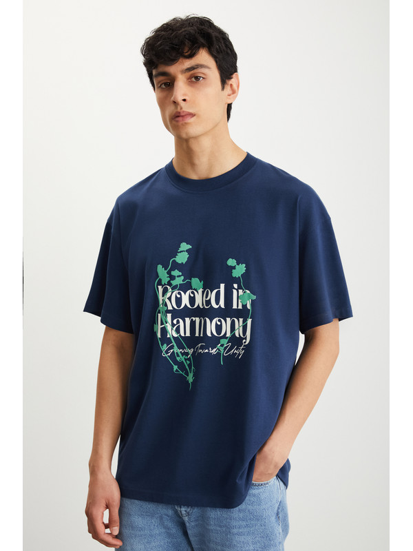 GRIMELANGE ROKLEN Erkek %100 Pamuk Bisiklet Yaka Baskılı LACİVERT T-Shirt