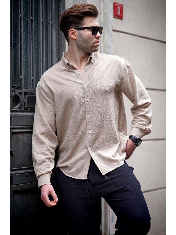Madmext Bej Uzun Kollu Oversize Erkek %100 Pamuk Gömlek 6735