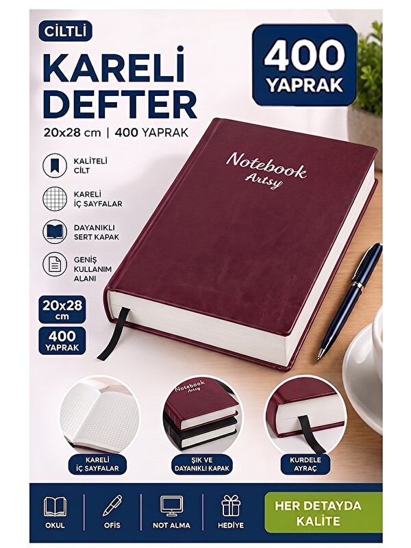 Artlantis Ciltli Kareli Defter 400 Yaprak 20x28cm 1 Adet Çok Yapraklı Sert Kapaklı Not Hesap Defteri Okul Ofis
