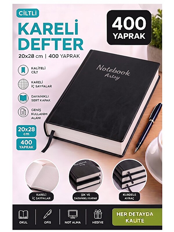 Artlantis Ciltli Kareli Defter 400 Yaprak 20x28cm 1 Adet Çok Yapraklı Sert Kapaklı Not Hesap Defteri Okul Ofis