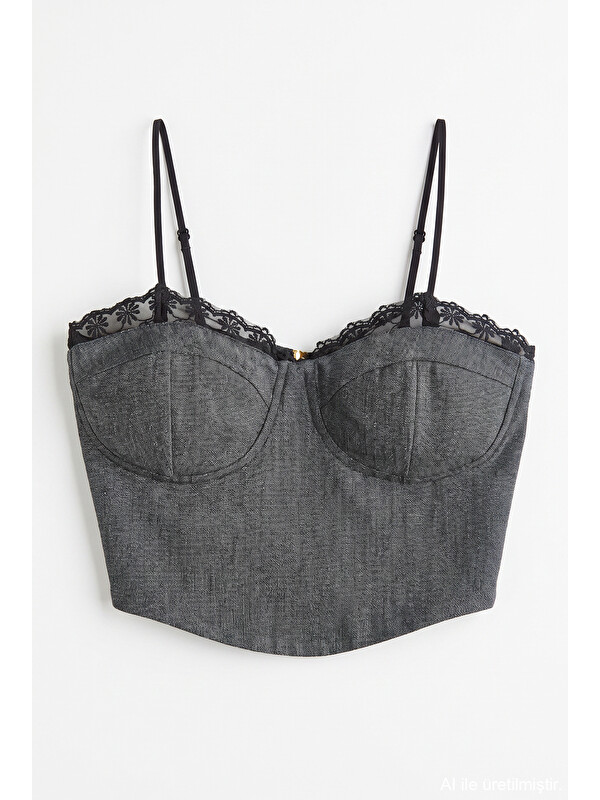 QUZU Dantelli Askılı Korse Crop Bluz Antrasit