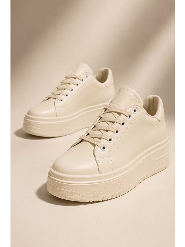 Slipcat Kadın 5 cm Topuklu, Kalın Platform Tabanlı, Bağcıklı Sneaker