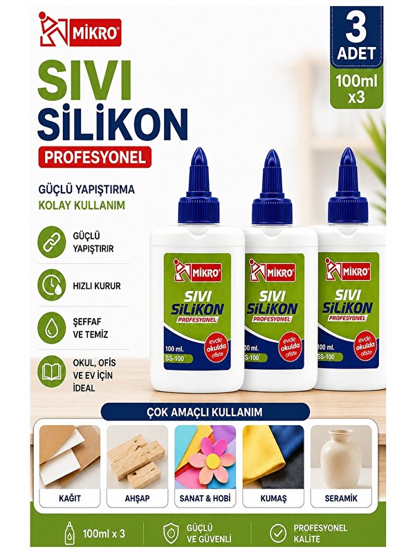 Artlantis Sıvı Silikon Yapıştırıcı 100 ml 3 Adet Mikro Silikon Yapıştırıcı Sıvı 100 gr Plastik Cam Mermer Kağı