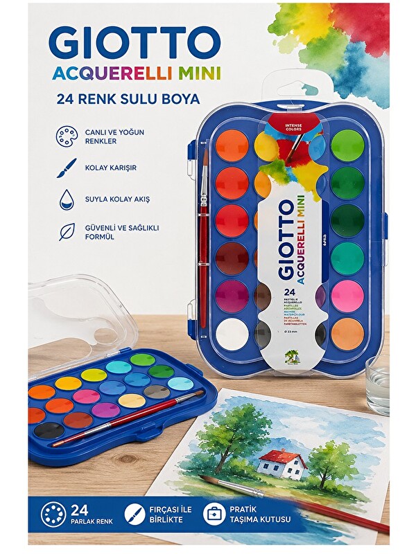 artmaster 24 Renk Sulu Boya 30mm 1 Paket Giotto 24 lü Suluboya Fırça Hediyeli Canlı Renkler Acquerelli Kalite