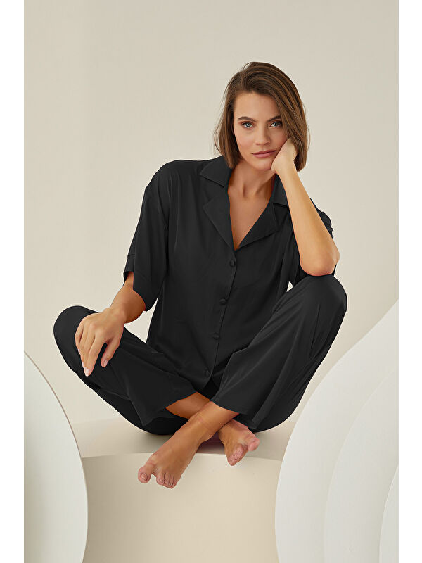 NBB Siyah Silky Önden Düğmeli Pijama Takımı