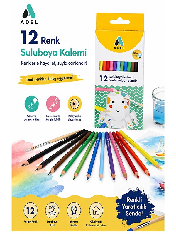 Artlantis Aquarel Suluboya Kalemi 12 Renk 1 Paket Adel Karton Kutu Sulu Boya Kalemi 12 Li Fırça Hediyeli Sanat