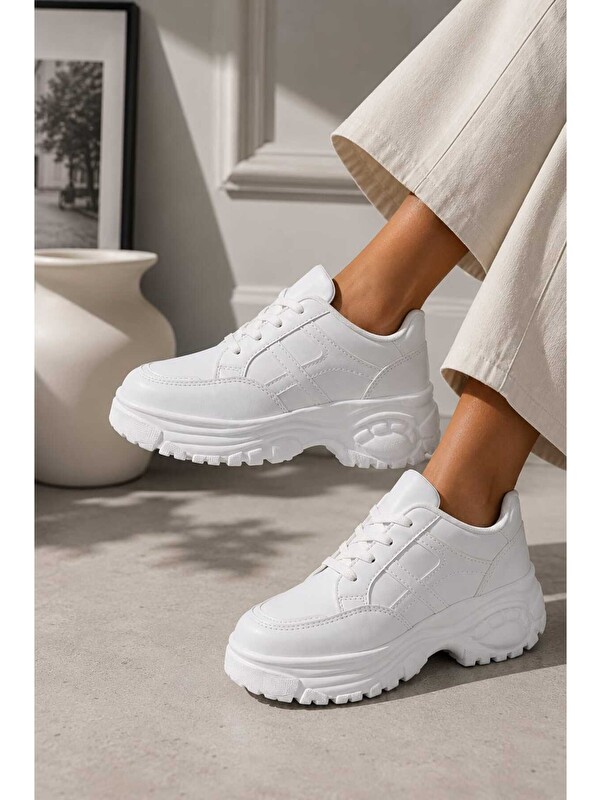 Slipcat Kadın Günlük Kullanım, 6 cm Yükseltilmiş Tabanlı, Bağcıklı, Spor Sneakers