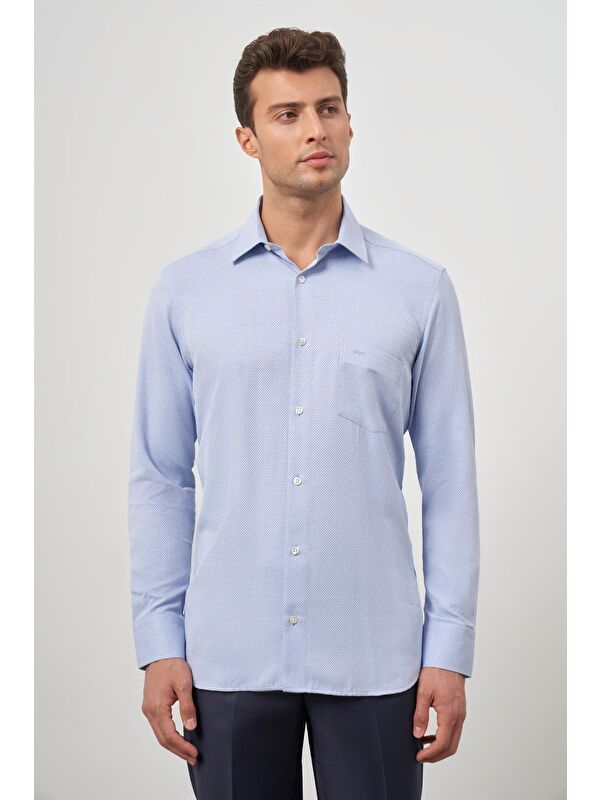 İMZA Mavi Uzun Kol Kendinden Desenli Armürlü 041 Sert Yaka Classic Comfort Fit Gömlek 1004245156